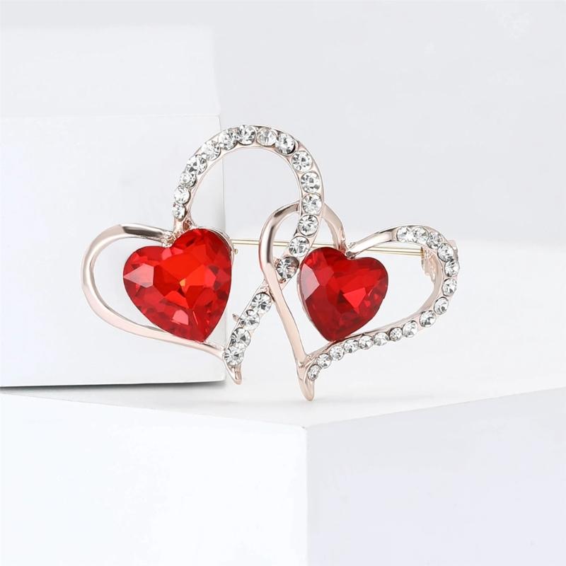 Trendy Rhinestones Double Heart Brooches for Women and Men Valentines Day Party Accessories Gifts Daily Casual Wear