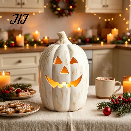 Outdoor Porch Autumn Decor Halloween Pumpkin Candle Holder, Resin Lantern Tealight Holder with Fall Home Carved Face for Farmhouse Table Mantle