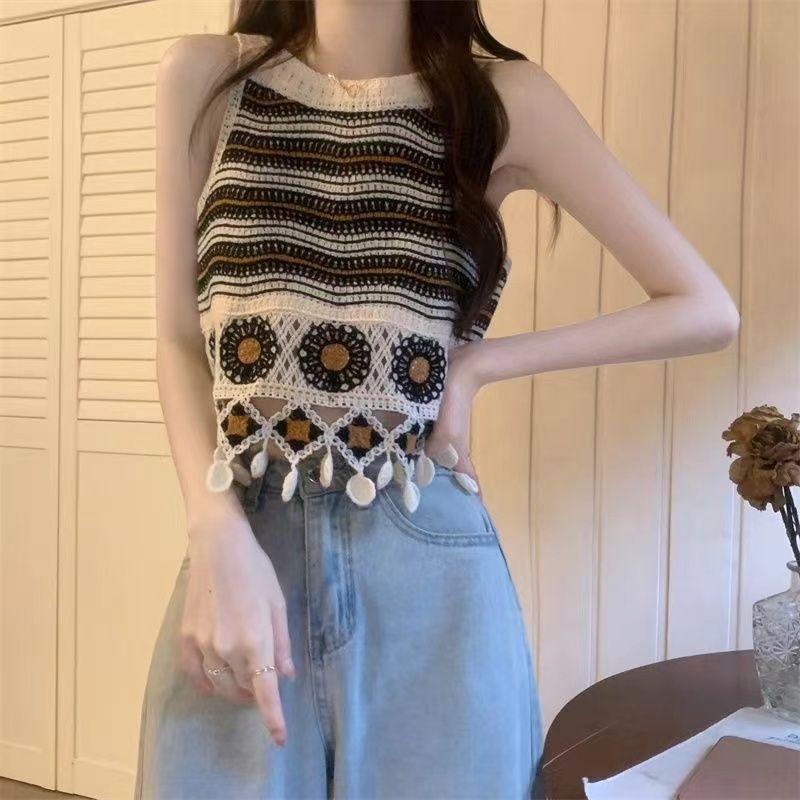 Вязаный крючком топ-майка с ажурной цветочной вышивкой, женский летний, ретро, этнический дизайн, с кисточками, короткий