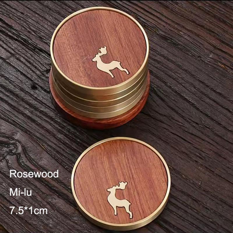 Набор подставок из розового дерева, круглый коврик из черного дерева, термостойкий коврик для чашки кофе, офиса, дома, кухни, с медным противоскользящим покрытием