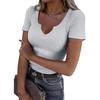 Весенне-летние однотонные топы с глубоким U-образным вырезом, с короткими рукавами, сексуальные, повседневные, модные женские футболки