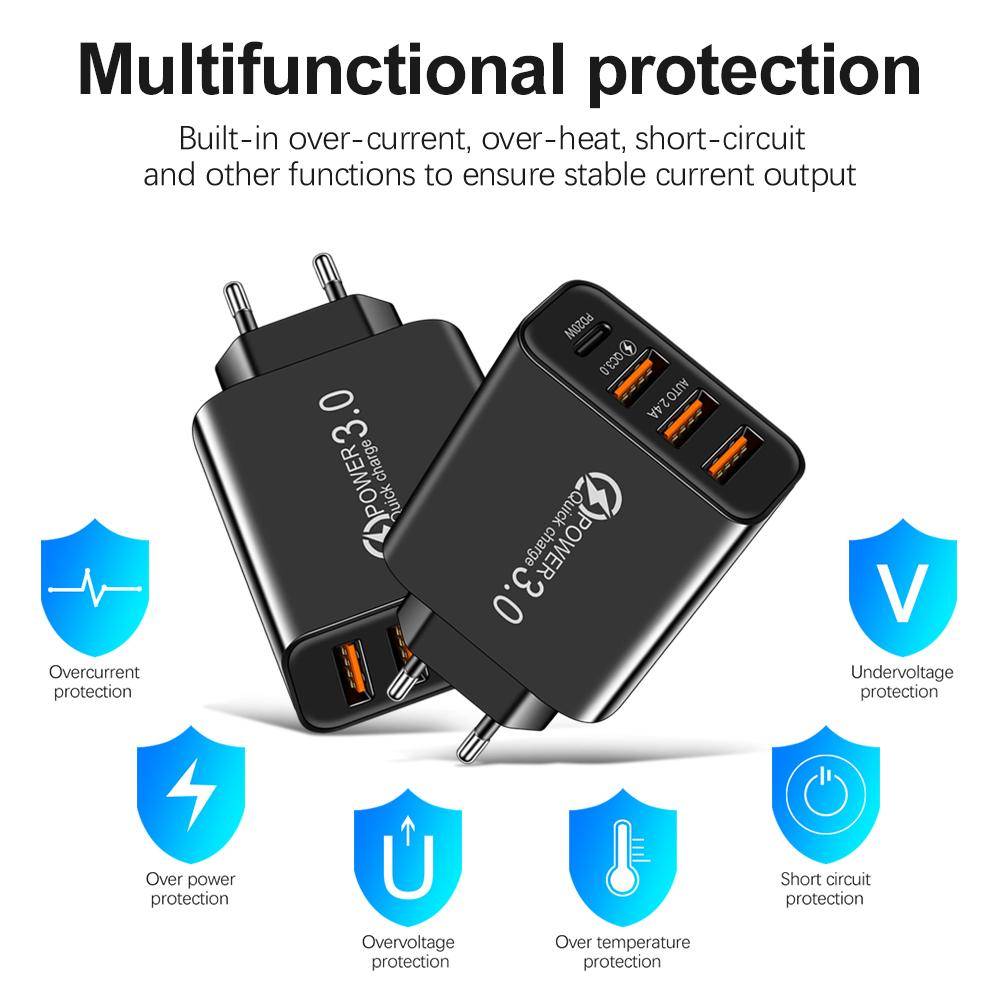 3 USB Зарядное устройство для телефона Type-C Адаптер быстрой зарядки PD20W QC Быстрое зарядное устройство Мобильный телефон 5 В Вольт Источник питания USB-порт