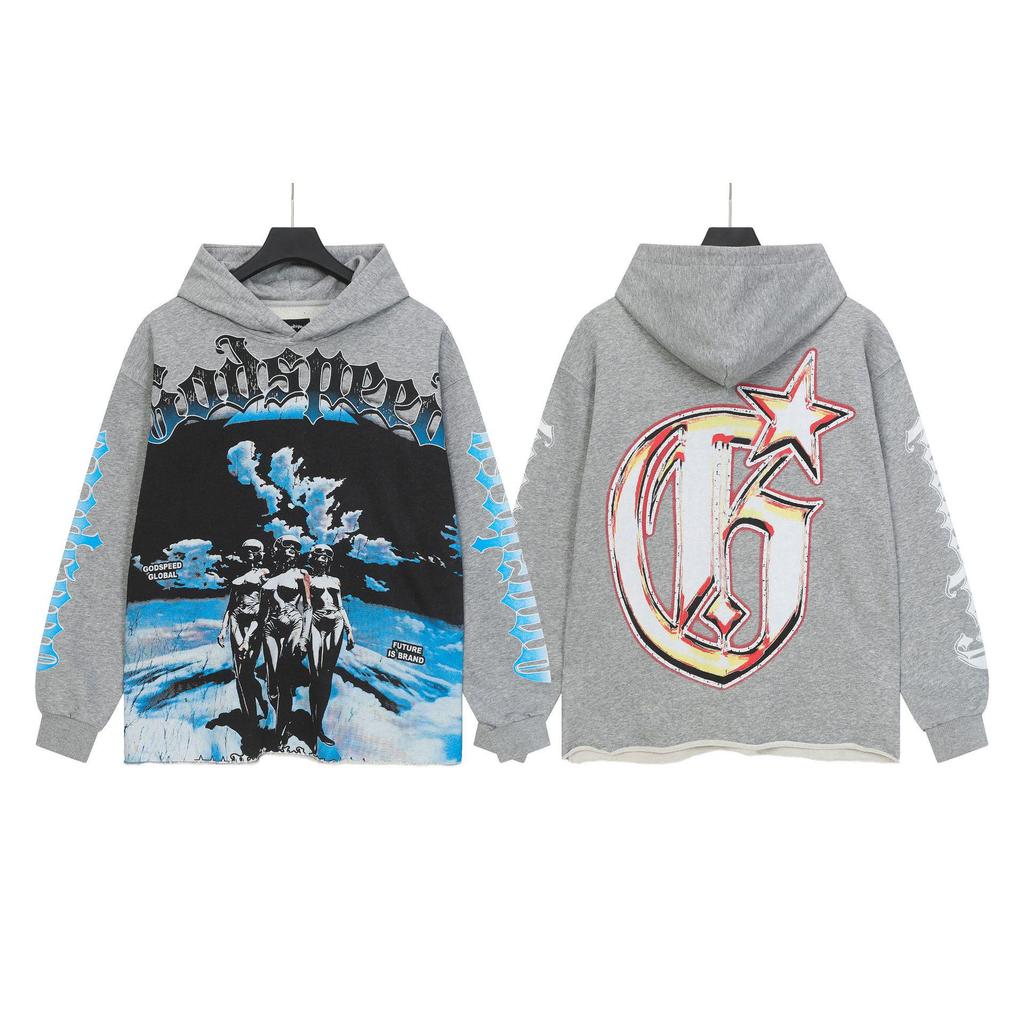 Худи с ретро-принтом 'God Bless America' в стиле рок-стрит, стиранное, повседневное, свободного кроя