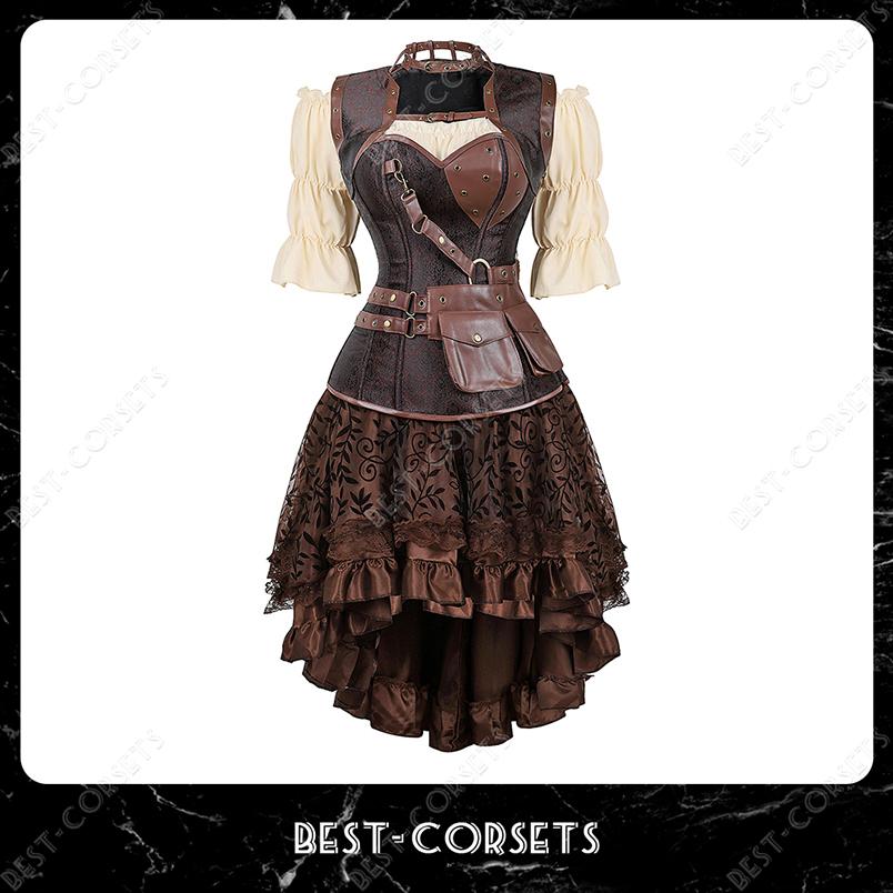 Steampunk Corset Dress Pirate Costume for Women Halloween Medieval Blouse Gothic Faux Leather Corset Dress With Straps Brown