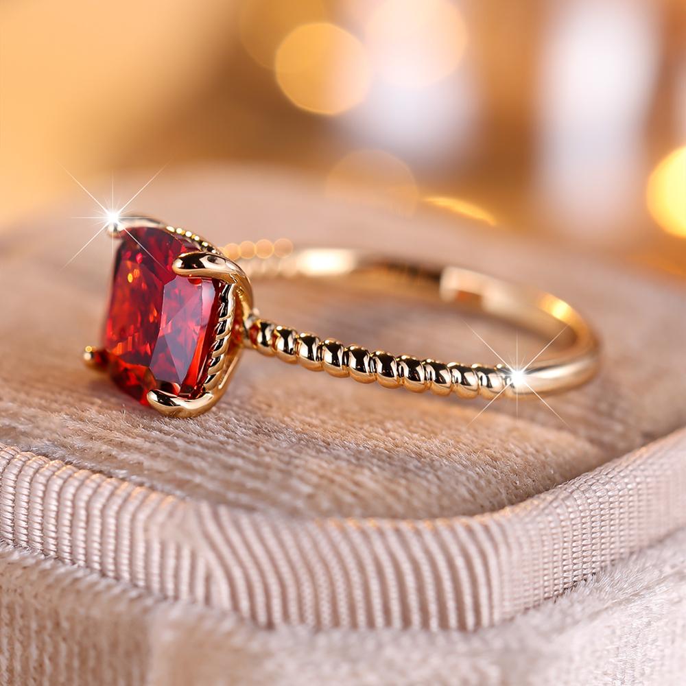 Gold Rings for Women Square Cut Red Cubic Zirconia Ring Wedding Band Engagement Bridal Jewelry