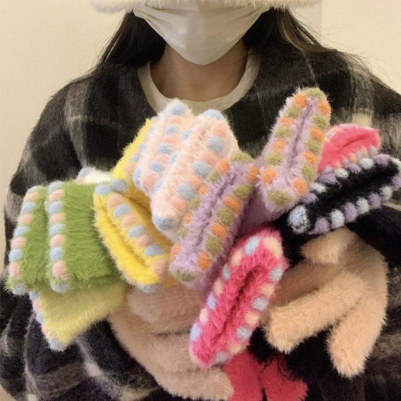 Женские зимние мягкие эластичные перчатки для сенсорных экранов, теплые вязаные перчатки с плюшевой подкладкой