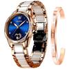 OLEVS Hand Rose Gold Easy To Read Blue Women's Watch, Stylish, Watch, Mechanical, Ceramic, Band, Crystal, Dial, Date, Waterproof, Luminous,