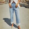 Women Baggy Jeans High Waisted Wide Leg Denim Pants Stretchy Cuffed Hem