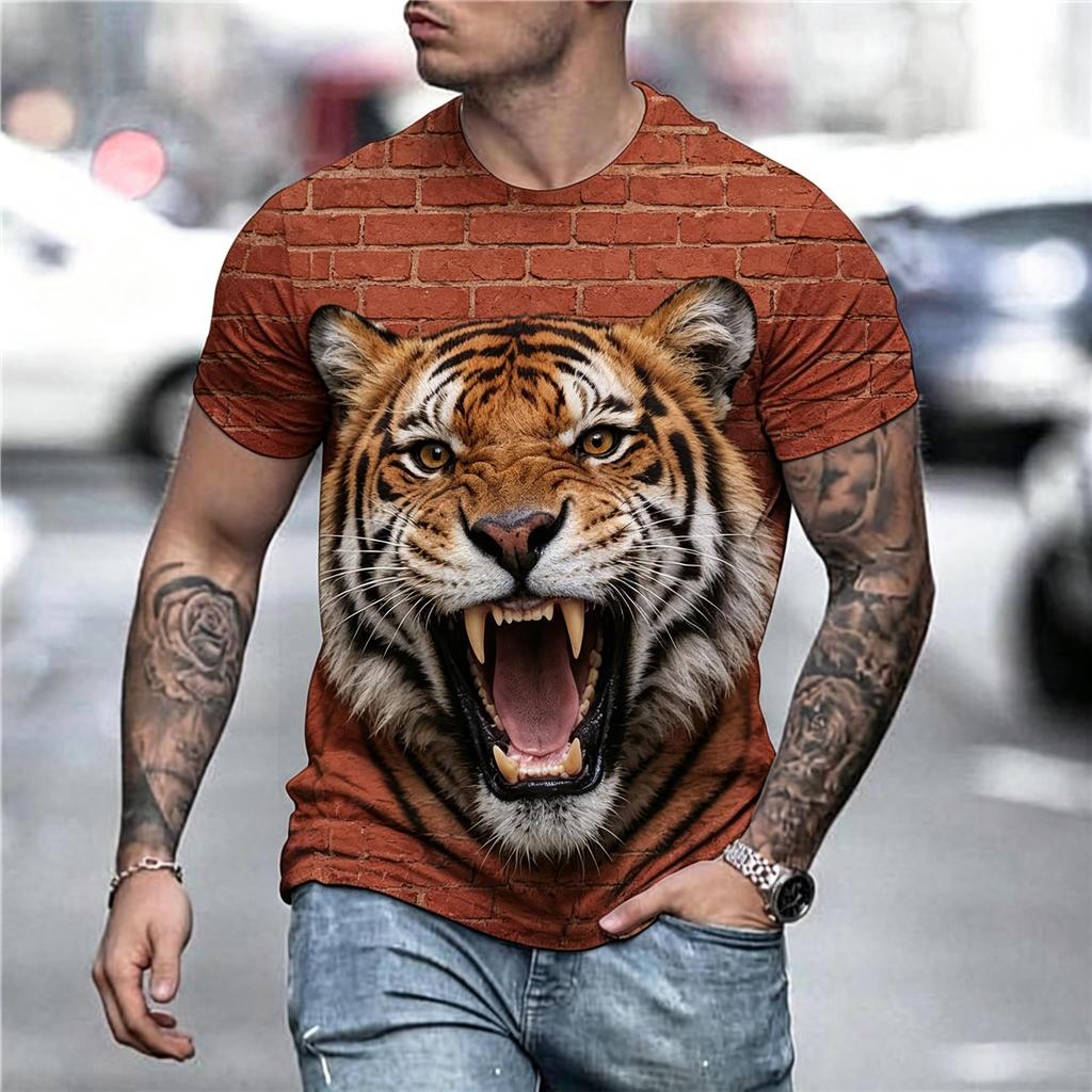 Men's 3D Sleeping Lion Face All Over Print T-Shirt Crew Neck Short Sleeve Tough Wild Summer Casual Tee