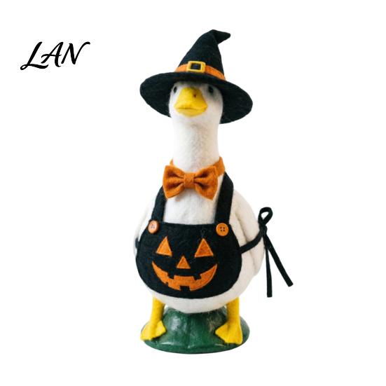 Fall Porch Ornament Halloween Mini Desk Goose Statue, Cute Small Figurine with Stable Base Statue Pumpkin Apron And Wizard Hat for Home Office