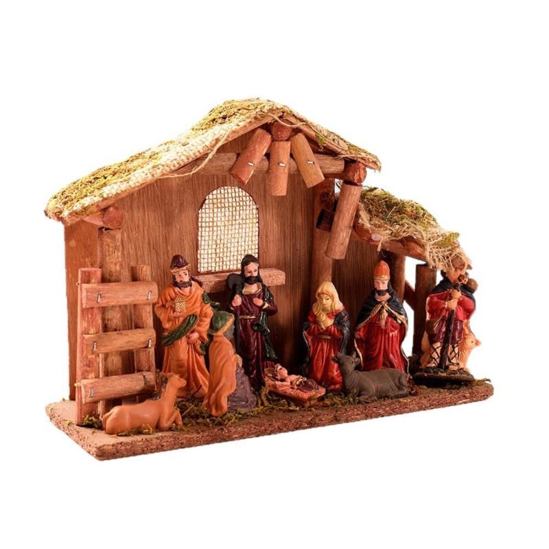 Mini Christmas Nativity Set Holy Family Resin Figurine Statue with Stable Miniature Christmas Nativity Scene Sculptures