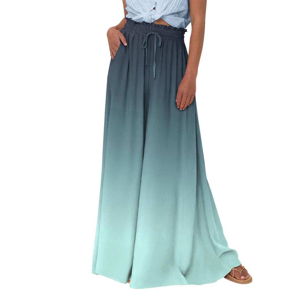 Женские широкие брюки с высокой талией, летние повседневные струящиеся брюки-палаццо, пляжные брюки с принтом и карманом