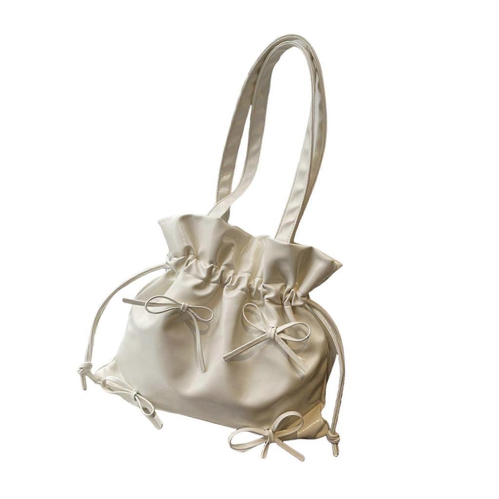 Aesthetic Armpit Bag for Women Girls Bows Shoulder Bag Handbag Student School Bag PU Leather Underarm Bag Bucket Bag White