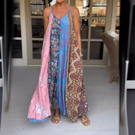 Летнее платье-комбинация с открытой спиной и без рукавов, свободный размер, трапециевидной формы, соответствующего цвета, плюс богемный принт, V-образный вырез, отпуск