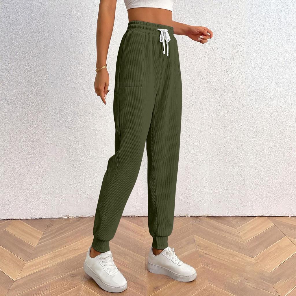Women's Fashion Solid Color Elastic Waist Pocket Strap Foot Strap Casual Pants