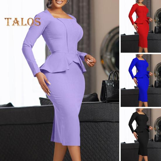 Женское деловое платье с квадратным вырезом и длинным рукавом, однотонное, с оборками, в стиле пэчворк, облегающее, OL, формальное платье миди для поездок на работу