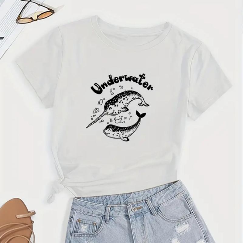 Fashion Women Cartoon Whale Print T Shirt Funny Casual O-neck Short Sleeves T-shirt Summer Female Tee Shirt