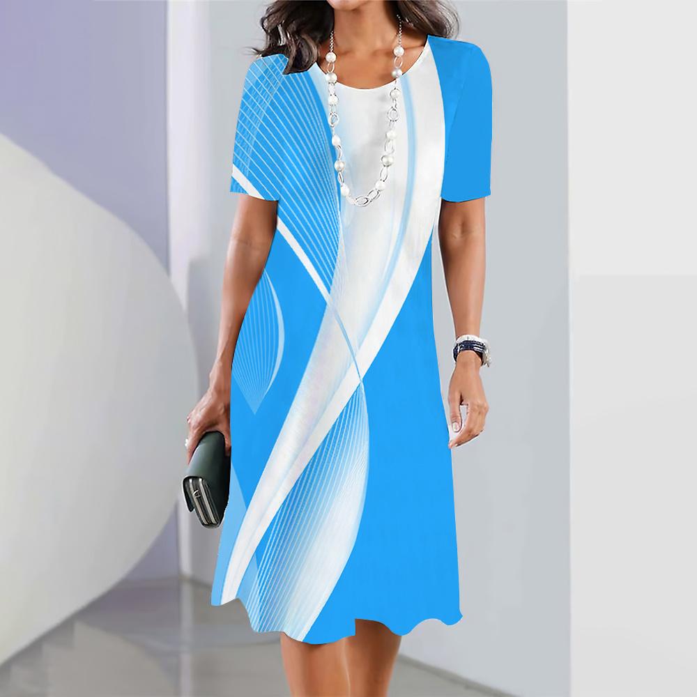 New Womens Dresses 3d Geometric Lines Print Short Sleeve Clothes Fashion Loose Skirt Summer Lady Oversized Vacation Dresses 2023