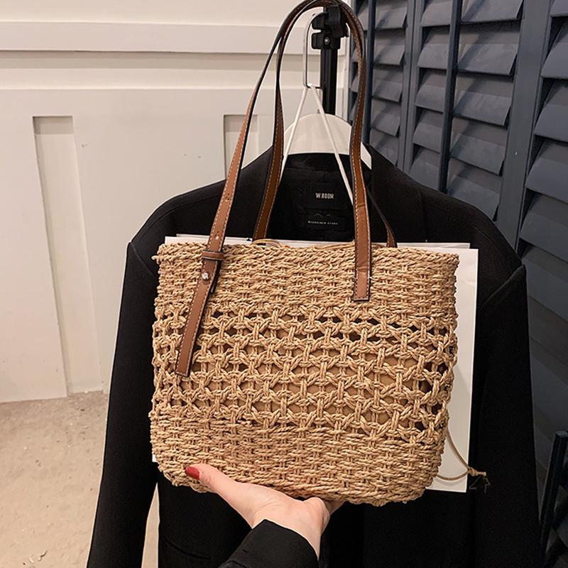 Соломенная сумка-ведро большой емкости для женщин, летняя тканая пляжная сумка-тоут с верхней ручкой, сумка-шоппер