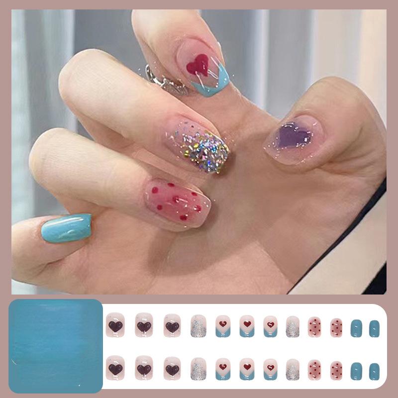24pcs/set Polka Dot Heart Manicure Finished Wear Fake Nail Stickers Press On Nail