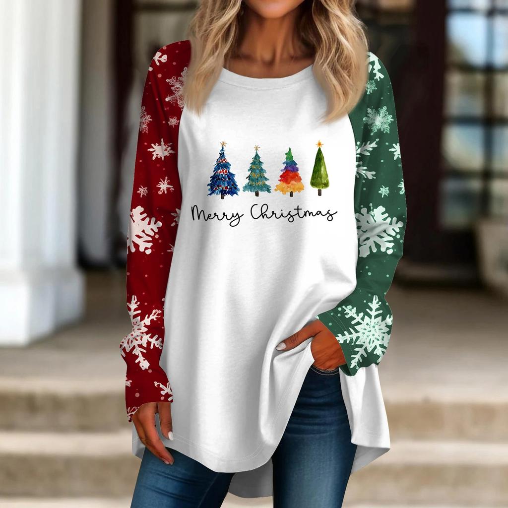 Women's Casual  Plus Size Long Sleeved Round Neck Christmas Printed T-shirt Top Pullover