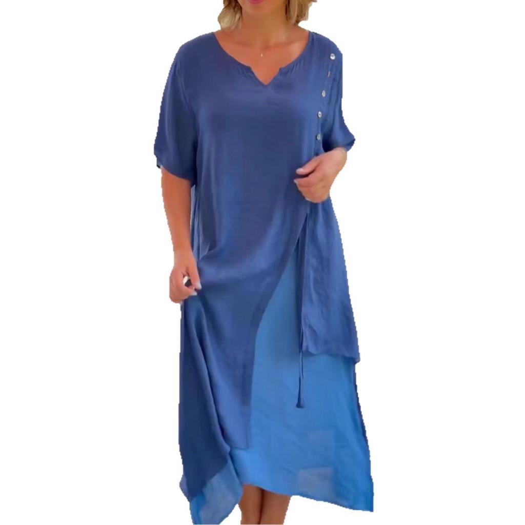 Европейское и американское женское асимметричное платье с V-образным вырезом и короткими рукавами - Летняя мода