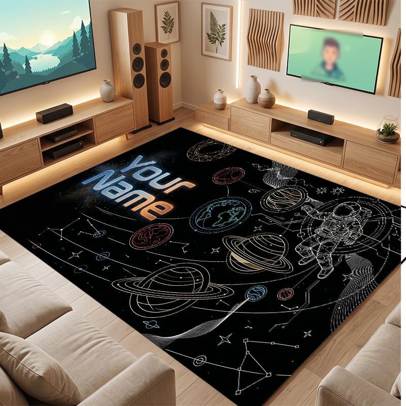 Astronaut Space Theme Soft Crystal Velvet Rug Custom Name & Text Print Non Slip Floor Rug for Bedroom Living Room