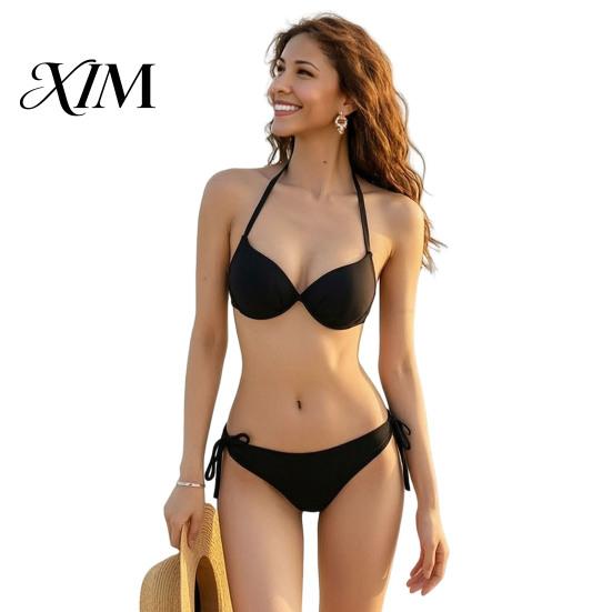 Two-piece Swimsuit Women Solid Color Bikini Set, Summer Two Piece Swimsuit, Halter Tie Underwire Top Spaghetti Strap & High Cut Bottom, Sexy