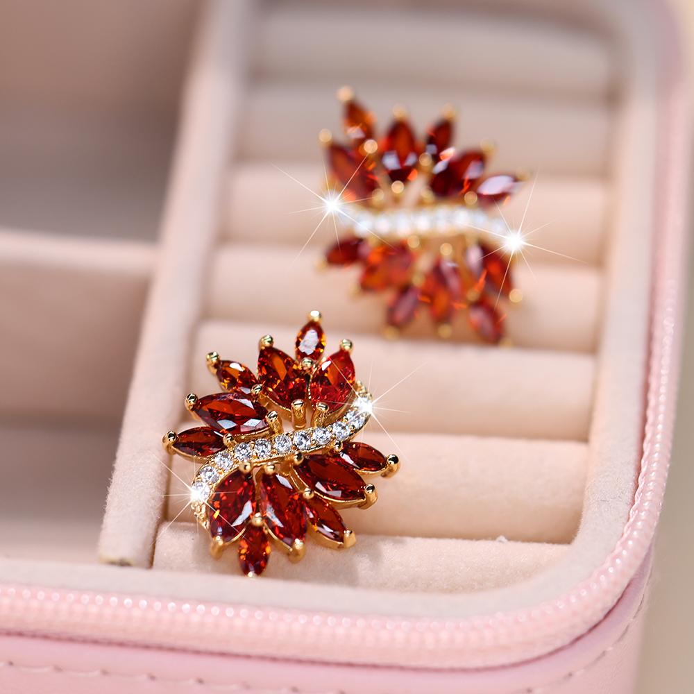 Винтажные цветочные серьги-гвоздики с красным кубическим цирконием для женщин, золотой цвет, модные свадебные украшения, Рождественский подарок