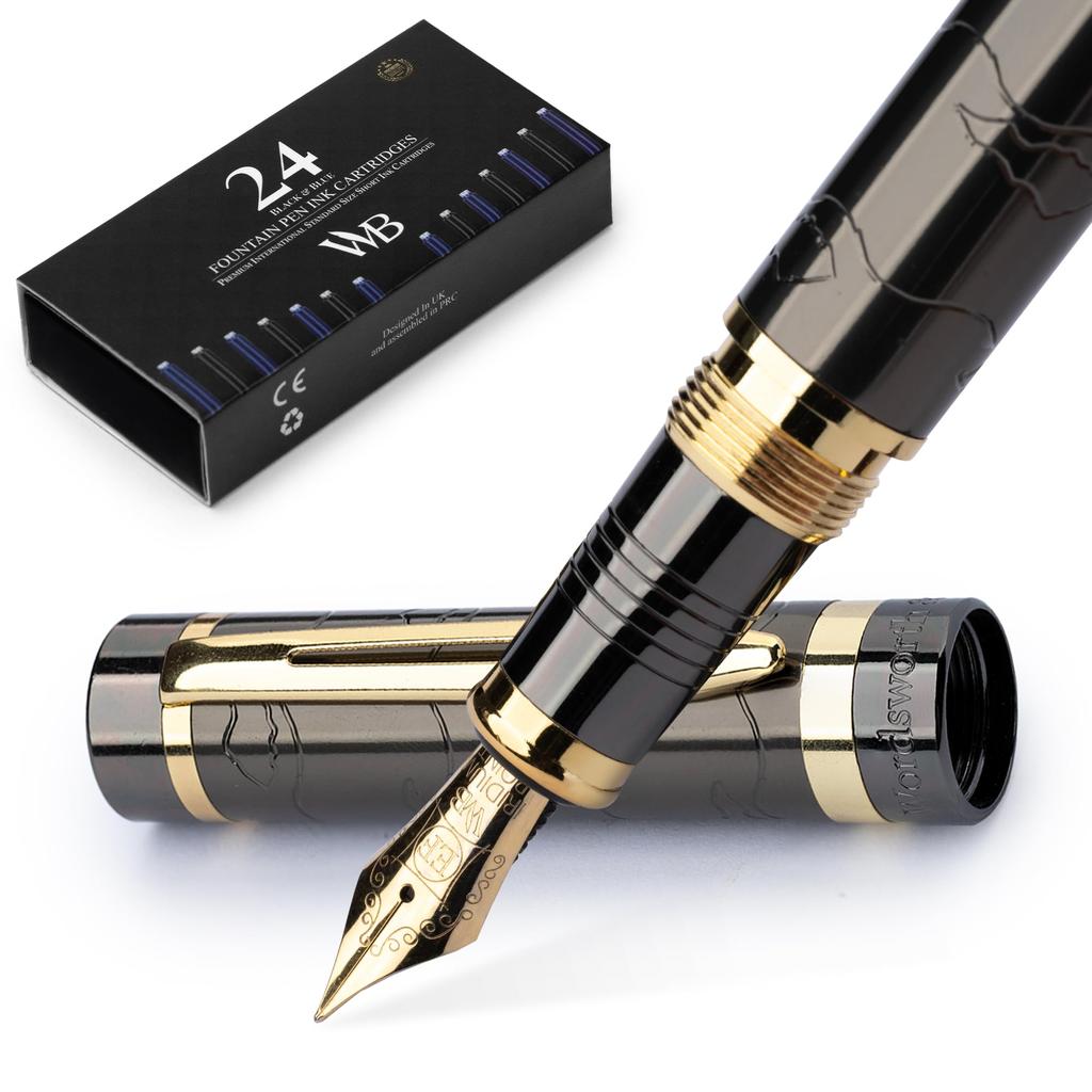 Wordsworth Black Primoli Fountain Pen Set with Extra Fine Gift 24 Ink Refill and Perfect for and Smooth and & [Gunmetal Gold] Nib, Case, Cartridges,