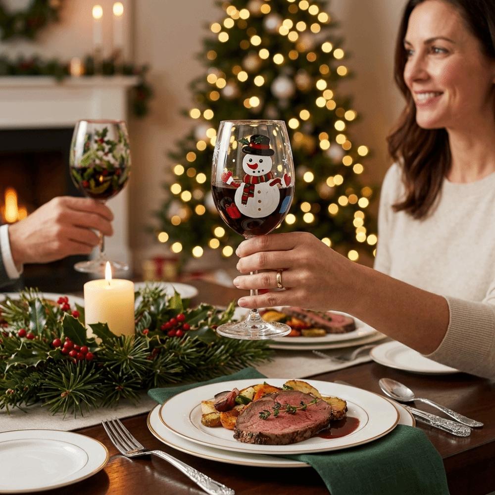 Poinsettia Clear Stemmed Cup 2D Hand Painted Glass Goblet Christmas Gifts Red Wine Cup Restaurant