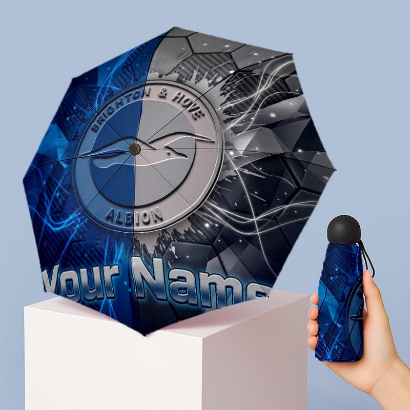 Brighton & Hove Albion Football Manual Five Fold 8 Rib Umbrella Support Custom Text, Lightweight Travel Umbrella