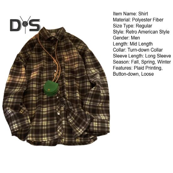 Весна-осень Мужская рубашка с отложным воротником в клетку с принтом Свободная рубашка на пуговицах в стиле ретро-американской моды с длинным рукавом Уличная одежда для путешествий Повседневная одежда