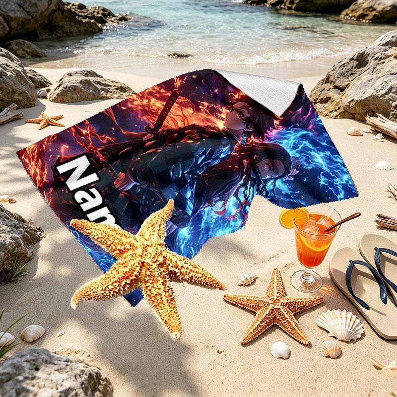Custom Name Personalized Demon Slayer Print Beach Towel, for Trip Camping Beach Party Home Decor, Birthday Gift for Family & Friends