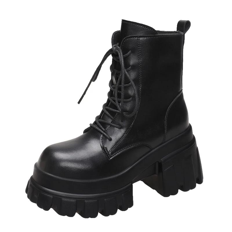 Модные женские ботильоны на шнуровке с высокой платформой 2024 года, зимние мотоциклетные ботинки с толстой подошвой, каблук 9,5 см, массивные кожаные кроссовки, женская обувь