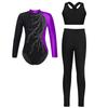 Girls Gymnastics Dance Costume Mock Neck Long Sleeve Keyhole Back Shiny Rhinestones Leotard Set