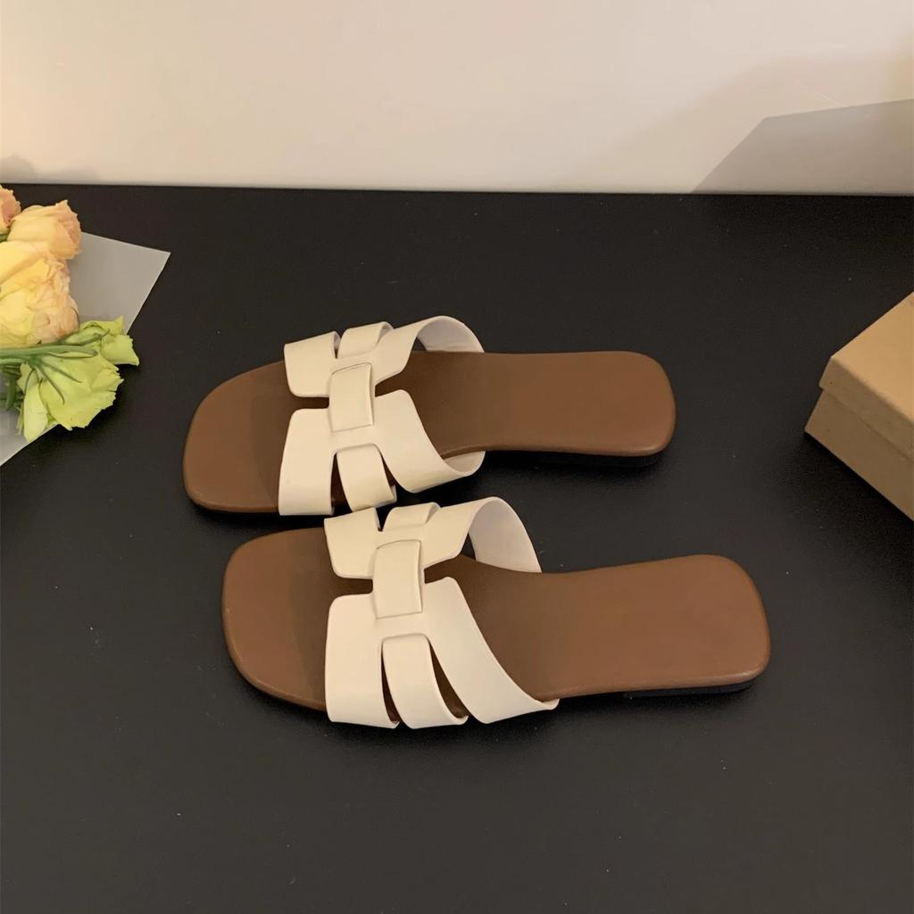 H slippers women's outer wear summer new casual soft flat-bottomed French sandals one-word drag seaside vacation beach sandals