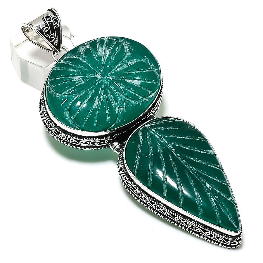 Green Onyx Ethnic 925 Sterling Silver Jewelry Pendant 3.94" d0P36