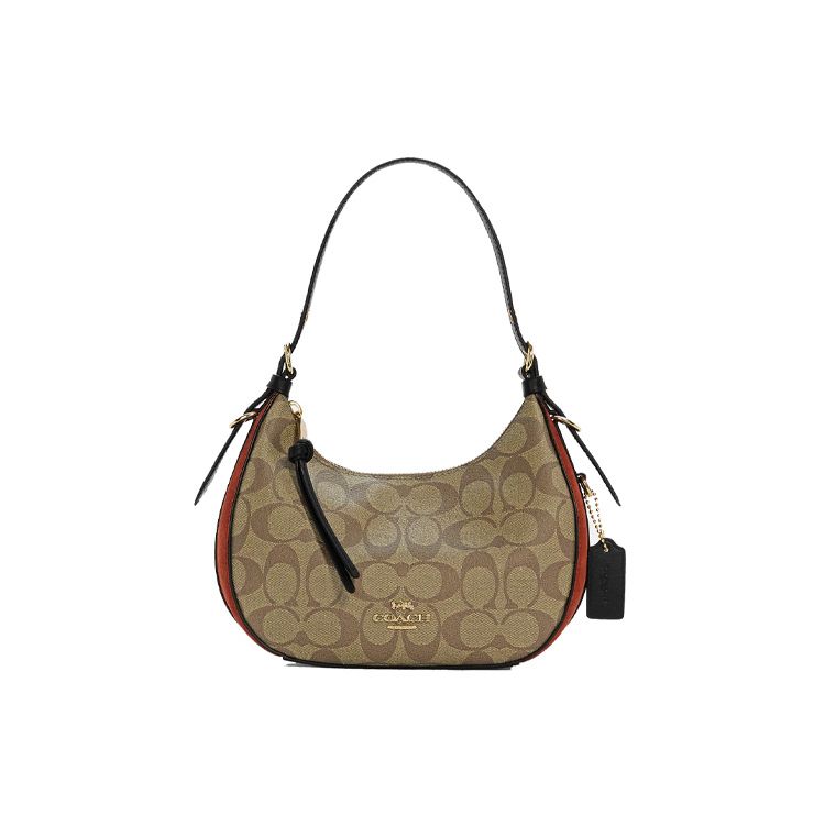 Coach Kleo 21 Monogram Zip Closure Canvas And Leather Shoulder Bag Women shoulder bag Khaki Brick-Red C6809-IME7V