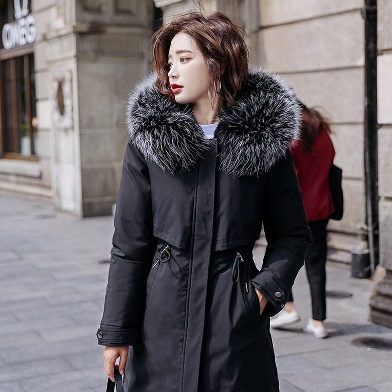 Women Fall Winter Jacket Coat Parka Thicken Cotton Liner Medium Long Hooded Fur Collar Adjustable Waist Solid Color M-6XL