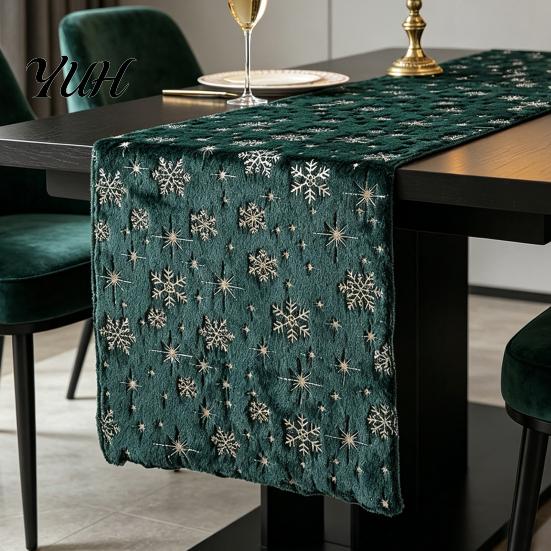 Festive Table Centerpiece Decor Christmas Plush Runner, Foil Stamped Golden Tree Snowflake Protective Furniture Fabric Fuzzy Holiday Dining Cover for
