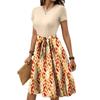 Women's Fashionable Retro Patterned Printing Color Blocked Belt Casual Dress