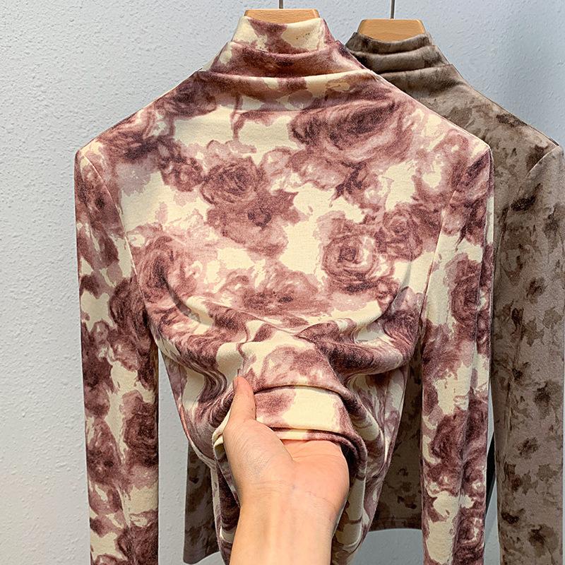 Women's Autumn and Winter High-neck Bottoming Rose Print Long-sleeved Temperament Within The Waisted Blouse