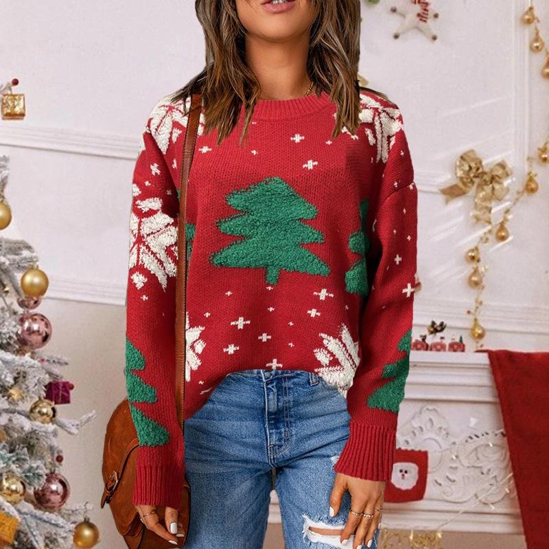 Women Loose Crew Neck Pullover Sweater With Snowflake Christmas Tree Pattern