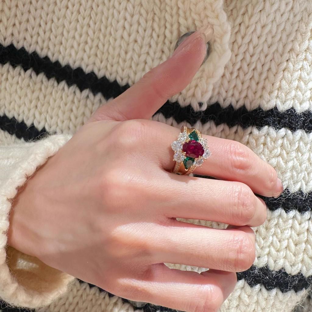 Elegant Handcrafted Gold Plated Adjustable Emerald And Ruby Ring For Women