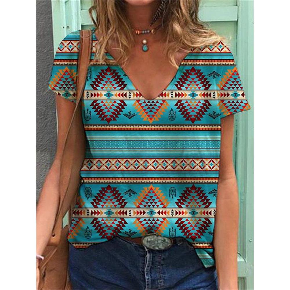 Geometric Graphics 3D Print T-Shirts Women Ethnic Style Vintage Streetwear T Shirt Y2k Tops Woman V-Neck Tees Oversized Clothing