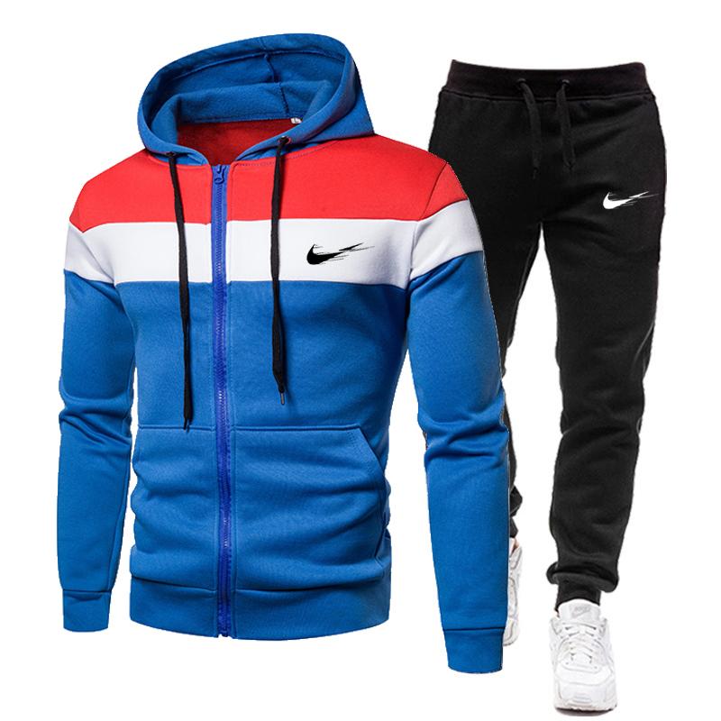 2023 осень/зима, новая толстовка с цветной строчкой, с капюшоном + брюки, мужские повседневные хлопковые теплые толстовки, спортивный костюм