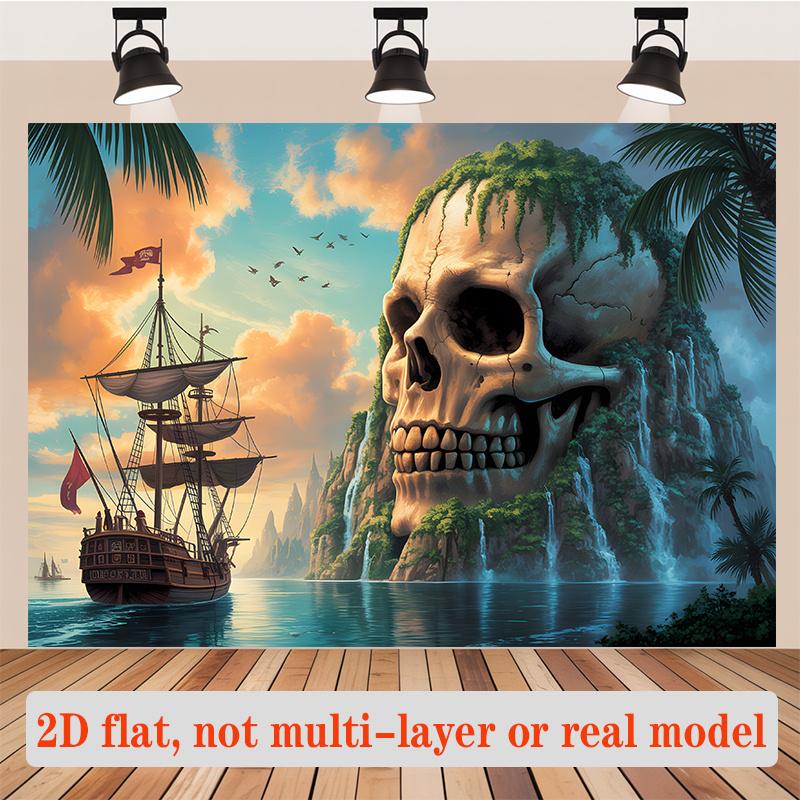 1pc, 2D flat, featuring a skull cave and pirate ship design, suitable for outdoor home décor, made of durable polyester, wsj