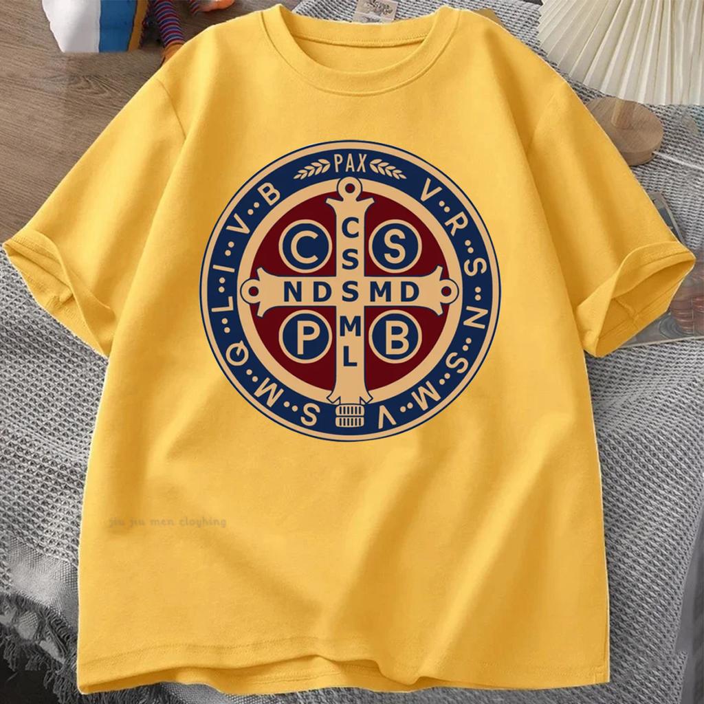 Футболка-пуловер с изображением католической медали Святого Бенедикта, мужская и женская повседневная хлопковая футболка с принтом, винтажная футболка Harajuku Oversize