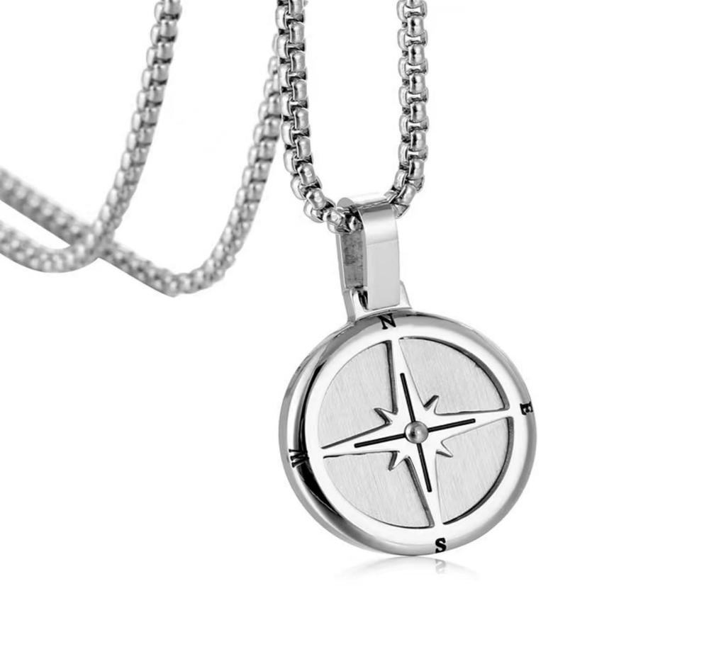 Necklace Brand Compass Necklace Metal Hypoallergenic Surge Stainless Steel Compass North Star [FUANNA] Men's (60cm, Silver)